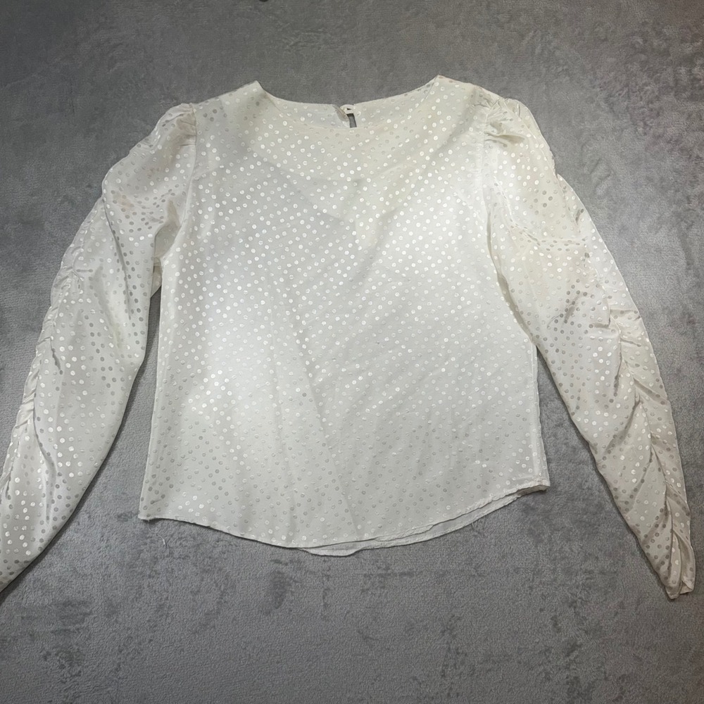Vintage‎ White Jacquard Polka Dot Sheer Puff Long Sleeve Blouse Top Large Sheer